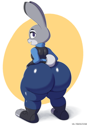 Size: 2900x4150 | Tagged: suggestive, artist:ultrastax, judy hopps (zootopia), lagomorph, mammal, rabbit, anthro, disney, zootopia, 2022, abstract background, bottom heavy, clothes, female, fingerless gloves, fur, gloves, gray body, gray fur, hand on hip, high res, hyper, hyper butt, looking at you, pink nose, police uniform, purple eyes, rear view, short tail, smiling, smiling at you, solo, solo female, tail