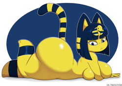 Size: 4000x2800 | Tagged: suggestive, artist:ultrastax, ankha (animal crossing), cat, feline, mammal, anthro, animal crossing, nintendo, 2022, :<, abstract background, blue tail, breast squish, breasts, female, frowning, fur, high res, hyper, hyper breasts, hyper butt, lidded eyes, long tail, lying down, lying on stomach, no nose, nudity, prone, side view, solo, solo female, striped tail, stripes, tail, watermark, yellow body, yellow fur, yellow tail