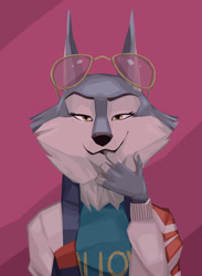 Size: 1280x1746 | Tagged: dead source, safe, artist:altzmek2580, porsha crystal (sing), canine, mammal, wolf, anthro, illumination entertainment, sing (film), female, glasses, glasses on head, looking at you, seductive, seductive eyes, smiling, smiling at you, solo, solo female, sunglasses, sunglasses on head