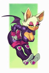 Size: 1600x2353 | Tagged: suggestive, artist:rizdraws, rouge the bat (sonic), bat, mammal, anthro, sega, sonic heroes, sonic the hedgehog (series), 2022, bat wings, beauty mark, big breasts, big butt, boots, breasts, butt, cleavage, cleavage window, clothes, eyeshadow, female, gloves, hand on hip, lidded eyes, long eyelashes, looking at you, makeup, shoes, simple background, smiling, smiling at you, solo, solo female, webbed wings, white gloves, wings