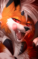 Size: 823x1280 | Tagged: safe, artist:blooming-lynx, dusk lycanroc, fictional species, lycanroc, mammal, feral, nintendo, pokémon, 2022, ambiguous gender, bedroom eyes, black nose, bust, digital art, fluff, fur, hair, licking, licking lips, looking at you, mawshot, neck fluff, open mouth, sharp teeth, solo, solo ambiguous, spikes, teeth, tongue, tongue out