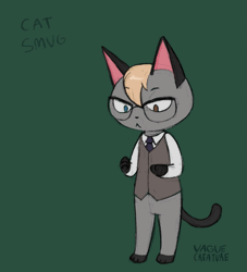 Size: 909x1000 | Tagged: safe, artist:vaguecreature, raymond (animal crossing), cat, feline, mammal, pig, suid, animal crossing, animal crossing: new horizons, nintendo, 2d, 2d animation, animated, bipedal, black ears, black nose, black tail, blonde hair, button popping, clothes, curled tail, english text, fangs, fat, frame by frame, fur, gif, glasses, gray body, gray fur, green background, hair, heterochromia, male, mind control, necktie, overweight, sharp teeth, simple background, slightly chubby, solo, solo male, species transformation, spiral eyes, standing, tail, teeth, text, transformation, weight gain