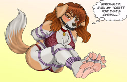 Size: 5100x3300 | Tagged: suggestive, artist:theboundraccoon, oc, oc:millie (theboundraccoon), beagle, canine, dog, hunting dog, mammal, anthro, absurd resolution, angry, barefoot, bdsm, bit gag, bondage, bound arms, bound legs, bra, brown eyes, brown hair, clothes, collar, damsel in distress, ear piercing, earring, feet, female, fur, gag, gagged, glare, hair, hands behind back, human feet, lingerie, multicolored fur, orange body, orange fur, panties, paw pads, paws, piercing, pink rope, red collar, restraints, rope, rope bondage, scent hound, simple background, sitting, soles, solo, solo female, submissive, submissive female, text, toes, toes tied, underwear, white body, white fur, yellow background