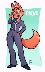 Size: 1286x2048 | Tagged: safe, artist:psicoyote, diane foxington (the bad guys), canine, fox, mammal, anthro, dreamworks animation, the bad guys, 2022, bedroom eyes, female, glasses, looking away, open mouth, open smile, round glasses, smiling, solo, solo female, vixen, wide hips