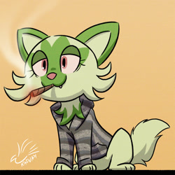 Size: 1200x1200 | Tagged: safe, artist:katnay, cat, feline, fictional species, mammal, sprigatito, feral, nintendo, pokémon, spoiler:pokémon gen 9, spoiler:pokémon scarlet and violet, clothes, drugs, fangs, featured image, female, fluff, hoodie, lidded eyes, marijuana, neck fluff, red eyes, sharp teeth, signature, smoke, smoking, solo, solo female, starter pokémon, striped clothes, tail, teeth, topwear