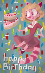 Size: 800x1280 | Tagged: safe, artist:chuchito72, oc, oc:betty (laizd), cat, feline, mammal, anthro, plantigrade anthro, birthday, birthday cake, blonde hair, boots, bottomwear, cake, clothes, female, food, fur, gift art, hair, open mouth, open smile, pink body, pink fur, shirt, shoes, signature, skirt, smiling, solo, solo female, sparkles, striped tail, stripes, tail, topwear