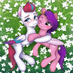 Size: 2750x2750 | Tagged: safe, artist:omny_dt, pipp petals (mlp), zipp storm (mlp), equine, fictional species, mammal, pegasus, pony, feral, hasbro, my little pony, my little pony g5, spoiler:my little pony g5, 2022, blushing, circlet, cute, duo, duo female, feathered wings, feathers, female, females only, flower, folded wings, grass, grass field, high res, hug, mare, plant, siblings, sister, sisters, smiling, tail, wings