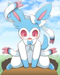 Size: 1200x1500 | Tagged: safe, artist:sum, bidoof, eeveelution, fictional species, mammal, shiny pokémon, sylveon, feral, nintendo, pokémon, 2022, ambiguous gender, black nose, blushing, digital art, duo, duo ambiguous, ears, fur, open mouth, paws, ribbons (body part), tail, tongue