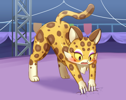 Size: 1500x1200 | Tagged: safe, artist:sum, clawroline (kirby), big cat, feline, leopard, mammal, anthro, digitigrade anthro, kirby (series), nintendo, 2022, blushing, butt, claws, digital art, ears, eyelashes, face down ass up, female, fur, jack-o' crouch pose, open mouth, solo, solo female, spotted body, spotted fur, stuck, tail, tongue