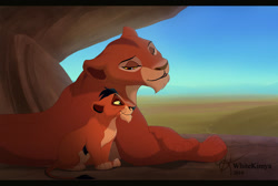 Size: 1077x725 | Tagged: safe, artist:whitekimya, scar (the lion king), uru (the lion king), big cat, feline, lion, mammal, feral, disney, the lion king, cub, duo, female, letterboxing, lioness, male, mother, mother and child, mother and son, son, young, younger