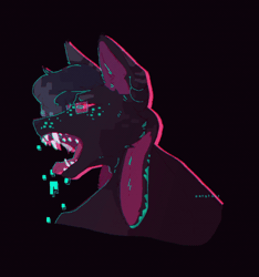 Size: 450x480 | Tagged: safe, artist:nolongeranimals, canine, cat, dog, feline, fictional species, hybrid, kittydog (species), mammal, anthro, 4 ears, ambiguous gender, animated, black background, bust, colored tongue, cyan marking, dark fur, fur, gif, glasses, glitch, hair, low res, magenta body, magenta eyes, magenta fur, magenta tongue, open mouth, sharp teeth, simple background, solo, teeth, tongue