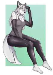 Size: 905x1280 | Tagged: safe, artist:kironzen, oc, oc only, canine, fox, mammal, anthro, plantigrade anthro, 2022, bedroom eyes, black nose, bottomwear, breasts, clothes, commission, digital art, ears, eyelashes, female, fur, hair, leather pants, looking at you, pants, shirt, simple background, solo, solo female, tail, thighs, tight clothing, topwear, vixen, white body, white fur, white hair, white tail, wide hips, yellow eyes