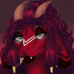 Size: 1280x1280 | Tagged: safe, artist:iscafox, oc, oc only, oc:keres (iscafox), bovid, demon, fictional species, goat, mammal, anthro, bust, clipstudiopaint, commission, digital art, ears, fangs, fur, fursona, hair, horns, looking at you, portrait, purple hair, red body, red fur, signature, teeth