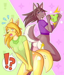 Size: 800x934 | Tagged: suggestive, artist:galajo, oc, oc:sarah, canine, fox, mammal, anthro, plantigrade anthro, blushing, bottomless, butt, clothes, duo, duo female, embarrassed, female, females only, no underwear, nudity, one eye closed, panties, partial nudity, raspberry, sweat, tease, tongue, tongue out, underwear, update, updated version, vixen, winking