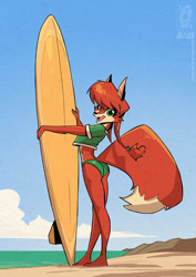 Size: 827x1169 | Tagged: safe, artist:jollyjack, oc, oc:patty (fox-popvli), canine, fox, mammal, anthro, barefoot, beach, big butt, butt, clothes, cloud, crop top, cropped shirt, feet, female, looking at you, looking back, looking back at you, midriff, ocean, open mouth, open smile, panties, sand, shirt, sky, smiling, smiling at you, solo, solo female, surfboard, thick thighs, thighs, topwear, underwear, vixen, water