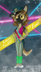 Size: 1528x2668 | Tagged: safe, artist:chuchito72, oc, oc only, oc:laura (chuchito72), canine, dog, mammal, anthro, plantigrade anthro, 80s, brown hair, clothes, colored sclera, eyeshadow, female, fishnet, hair, hand on hip, jazzercise, leg warmers, legwear, leotard, makeup, police, police hat, poster, retro, see-through, solo, solo female, tail, toeless legwear, yellow sclera