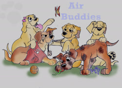 Size: 2882x2080 | Tagged: safe, artist:goldieretriever, canine, dog, golden retriever, mammal, feral, disney, air buddies, b-dawg (air buddies), budderball (air buddies), buddy (air buddies), female, group, male, mudbud (air buddies), paw pads, paws, rosebud (air buddies)