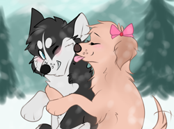 Size: 1214x904 | Tagged: safe, artist:xautumnlight, canine, dog, golden retriever, husky, mammal, feral, disney, air buddies, blushing, duo, female, licking, male, male/female, older, rosebud (air buddies), shasta (snow buddies), shipping, tongue, tongue out