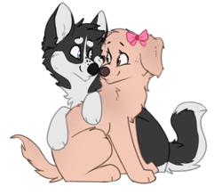Size: 386x338 | Tagged: safe, artist:xautumnlight, canine, dog, golden retriever, husky, mammal, feral, disney, air buddies, duo, female, looking at each other, low res, male, male/female, rosebud (air buddies), shasta (snow buddies), shipping, simple background, transparent background