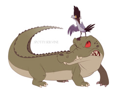 Size: 948x737 | Tagged: safe, artist:spotty-servine, dil (the land before time), ichy (the land before time), bird, crocodilian, reptile, feral, sullivan bluth studios, the land before time, 2013, 2d, angry, colored sclera, deinosuchus, duo, female, ichthyornis, male, one eye closed, red sclera, simple background, white background, yellow sclera