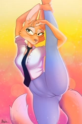 Size: 2000x3000 | Tagged: safe, artist:akylie, diane foxington (the bad guys), canine, fox, mammal, anthro, dreamworks animation, the bad guys, 2022, barefoot, big breasts, breasts, cleavage, eyelashes, female, flex, flexible, flexing, glasses, raised leg, round glasses, signature, smiling, solo, solo female, tail, thick thighs, thighs, vixen, wide hips