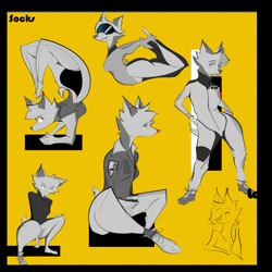 Size: 2148x2148 | Tagged: safe, artist:fid, oc, oc only, oc:socks (fid), canine, mammal, wolf, anthro, plantigrade anthro, bottomwear, character name, clothes, crouching, female, flexible, goggles, jacket, pants, pilot, shoes, sitting, solo, solo female, stretching, tail, topwear, yoga