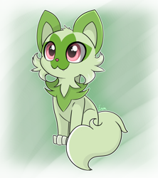 Size: 3176x3584 | Tagged: safe, artist:enviaart, cat, feline, fictional species, mammal, sprigatito, feral, nintendo, pokémon, spoiler:pokémon gen 9, spoiler:pokémon scarlet and violet, :3, ambiguous gender, cheek fluff, fangs, fluff, magenta eyes, neck fluff, sharp teeth, signature, sitting, smiling, solo, solo ambiguous, starter pokémon, tail, teeth