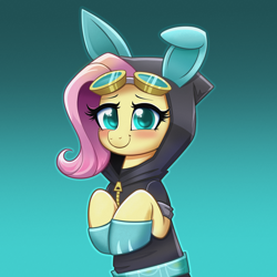 Size: 4000x4000 | Tagged: safe, artist:confetticakez, fluttershy (mlp), equine, fictional species, mammal, pegasus, pony, feral, friendship is magic, hasbro, my little pony, 2022, absurd resolution, animal costume, blue eyes, blushing, bunny costume, bunny ears, clothes, costume, cute, eyelashes, female, goggles, gradient background, hair, hoodie, looking at you, mane, mare, pink hair, pink mane, smiling, smiling at you, solo, solo female, topwear, yellow body