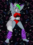 Size: 960x1280 | Tagged: safe, artist:momoiro-kun, roxanne wolf (fnaf), canine, mammal, wolf, anthro, digitigrade anthro, five nights at freddy's, five nights at freddy's: security breach, 2022, arms behind head, big breasts, breasts, cleavage, clothes, eyelashes, female, green hair, hair, lipstick, looking at you, makeup, solo, solo female, tail