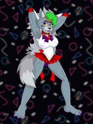 Size: 960x1280 | Tagged: safe, artist:momoiro-kun, roxanne wolf (fnaf), sailor mars (sailor moon), canine, mammal, wolf, anthro, digitigrade anthro, five nights at freddy's, five nights at freddy's: security breach, sailor moon, 2022, arms behind head, cosplay, female, green hair, hair, lipstick, looking at you, makeup, nipple outline, solo, solo female, tail