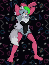 Size: 960x1280 | Tagged: safe, artist:momoiro-kun, roxanne wolf (fnaf), canine, mammal, wolf, anthro, digitigrade anthro, five nights at freddy's, five nights at freddy's: security breach, 2022, areola, areola slip, arms behind head, big breasts, breasts, bunny suit, cleavage, clothes, eyelashes, female, green hair, hair, lipstick, looking at you, makeup, solo, solo female, tail