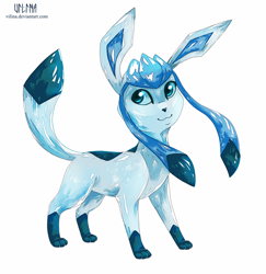 Size: 1650x1700 | Tagged: safe, artist:vilina, eeveelution, fictional species, glaceon, mammal, feral, nintendo, pokémon, ambiguous gender, blue body, blue fur, front view, fur, simple background, solo, solo ambiguous, three-quarter view, white background