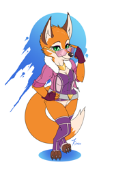 Size: 1000x1500 | Tagged: safe, artist:atticus-kotch, meika (rimba racer), canine, fox, mammal, anthro, digitigrade anthro, rimba racer, 2021, black nose, bottomless, breasts, clothes, commission, digital art, ears, eyelashes, featureless crotch, female, fingerless gloves, fur, glasses, gloves, jacket, legwear, nudity, partial nudity, pose, shirt, simple background, solo, solo female, stockings, sunglasses, tail, thighs, topwear, vixen, wide hips