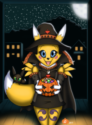 Size: 944x1280 | Tagged: safe, artist:atticus-kotch, fictional species, renamon, anthro, digimon, 2017, black nose, black sclera, blushing, candy, clothes, colored sclera, costume, cute, digital art, ears, evening gloves, female, fluff, food, fur, gloves, halloween, halloween costume, hat, headwear, long gloves, looking at you, moon, neck fluff, night, open mouth, pumpkin bucket, solo, solo female, tail, tongue, tongue out, witch costume, witch hat