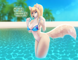 Size: 1280x989 | Tagged: suggestive, artist:wyla, samus aran (metroid), canine, fox, mammal, anthro, metroid (series), nintendo, 2021, absolute cleavage, anthrofied, beach, belly button, bikini, bikini top, black nose, blonde hair, blonde mane, blue eyes, bottomless, breasts, cleavage, clothes, commission, digital art, ears, eyelashes, female, fur, furrified, hair, looking at you, mane, nudity, ocean, partial nudity, peach body, peach tail, pose, skinny dipping, solo, solo female, species swap, swimsuit, tail, thighs, undressing, vixen, water, wide hips