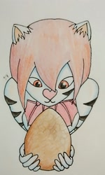 Size: 1762x2931 | Tagged: safe, artist:tunrae, oc, oc only, big cat, feline, mammal, tiger, bust, chocolate, chocolate egg, easter, easter egg, female, food, fur, hair, heart nose, holiday, red eyes, red hair, solo, solo female, striped fur, traditional art, white body, white fur, white tiger