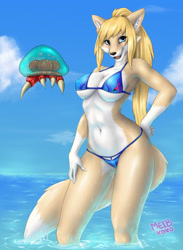 Size: 938x1280 | Tagged: suggestive, artist:meibeu, samus aran (metroid), alien, canine, fictional species, fox, mammal, metroid (species), anthro, metroid (series), nintendo, 2021, anthrofied, beach, belly button, bikini, black nose, breasts, clothes, commission, digital art, ears, eyelashes, female, fur, furrified, hair, looking at you, nipple outline, ocean, open mouth, pose, sharp teeth, skinny dipping, solo, solo female, swimsuit, tail, teeth, thighs, tongue, vixen, water, wide hips