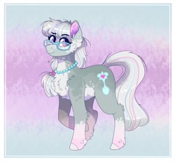 Size: 2106x1950 | Tagged: safe, artist:aaa-its-spook, silver spoon (mlp), earth pony, equine, fictional species, mammal, pony, feral, friendship is magic, hasbro, my little pony, 2021, alternate design, cheek fluff, chest fluff, coat markings, cute, cutie mark, ear fluff, female, fluff, fur, glasses, hooves, jewelry, looking at you, mare, necklace, older, pale belly, pearl necklace, purple eyes, smiling, socks (leg marking), solo, solo female, tail, unshorn fetlocks