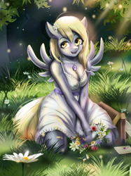 Size: 850x1135 | Tagged: safe, artist:mdwines, derpy hooves (mlp), equine, fictional species, mammal, pegasus, pony, anthro, friendship is magic, hasbro, my little pony, 2021, anthrofied, blonde hair, blonde mane, blonde tail, breasts, cleavage, clothes, dress, eyelashes, feathered wings, feathers, female, flower, grass, grass field, gray body, hair, jewelry, letter, mane, mare, necklace, open mouth, plant, sitting, solo, solo female, spread wings, tail, wings, yellow eyes