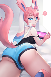 Size: 1984x3012 | Tagged: suggestive, artist:momikacha_, eeveelution, fictional species, mammal, sylveon, anthro, nintendo, pokémon, 2022, big butt, breasts, butt, clothes, ears, female, hair, looking at you, looking back, looking back at you, pink hair, solo, solo female, tail, thick thighs, thighs