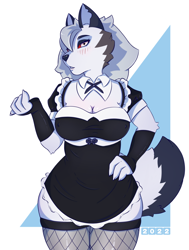 Size: 1500x1981 | Tagged: safe, artist:salvador zabrali, artist:salvadorzabrali, loona (vivzmind), canine, fictional species, hellhound, mammal, anthro, hazbin hotel, helluva boss, 2022, bedroom eyes, big breasts, black nose, breasts, clothes, colored sclera, digital art, ears, eyelashes, female, fishnet, fishnet stockings, fur, gray hair, hair, hand on hip, legwear, long hair, looking at you, maid outfit, nipple outline, red sclera, see-through, simple background, solo, solo female, stockings, tail, thick thighs, thighs, wide hips