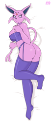 Size: 1250x3000 | Tagged: suggestive, alternate version, artist:dirtyduckart, part of a set, eeveelution, espeon, fictional species, mammal, anthro, plantigrade anthro, nintendo, pokémon, 2022, areola, areola slip, bed, bedroom eyes, belly button, black nose, body pillow design, breasts, butt, clothes, corset, digital art, ears, eyelashes, female, fur, legwear, looking at you, looking back, looking back at you, lying down, lying on bed, on bed, panties, pose, rear view, sideboob, solo, solo female, stockings, tail, thighs, underwear, wedgie, wide hips