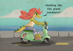 Size: 1280x886 | Tagged: safe, artist:toon_draw, oc, oc:allie gator, alligator, crocodilian, reptile, anthro, barefoot, cloud, colored soles, feet, female, hair, ocean, open mouth, open smile, red hair, riding, road, scooter, sky, smiling, solo, solo female, toes, water