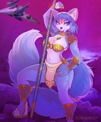Size: 1707x2048 | Tagged: safe, artist:necromeowncer, krystal (star fox), canine, fox, mammal, anthro, plantigrade anthro, nintendo, star fox, 2022, belly button, big breasts, blue eyes, blue hair, breasts, chest fluff, cleavage, clothes, ear fluff, female, fluff, hair, jewelry, loincloth, looking at you, midriff, necklace, nudity, partial nudity, short hair, smiling, smiling at you, solo, solo female, spear, tail, tail fluff, thighs, unconvincing armor, vixen, weapon