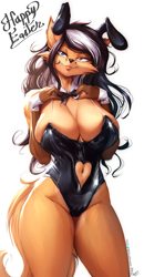 Size: 1800x3469 | Tagged: suggestive, artist:viejillox, oc, oc only, oc:elizabeth fox (viejillox), canine, fox, mammal, anthro, 2022, black hair, breasts, bunny ears, bunny suit, clothes, cuffs (clothes), ear fluff, easter, female, fluff, hair, heterochromia, huge breasts, leotard, long hair, multicolored hair, necktie, solo, solo female, tail, tail fluff, thick thighs, thighs, two toned hair, vixen, white hair