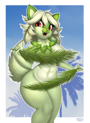 Size: 2928x4000 | Tagged: suggestive, alternate version, artist:lightly-san, fictional species, sprigatito, anthro, nintendo, pokémon, spoiler:pokémon gen 9, spoiler:pokémon scarlet and violet, 2022, areola, big breasts, border, breasts, ear fluff, female, fluff, green hair, hair, leaf, looking at you, nudity, pussy peek, smiling, smiling at you, solo, solo female, starter pokémon, tail, tail fluff, thick thighs, thighs, vulva, white border