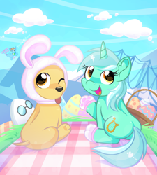 Size: 1636x1818 | Tagged: safe, artist:rainbow eevee, lyra heartstrings (mlp), canine, dog, equine, fictional species, mammal, pony, unicorn, friendship is magic, hasbro, my little pony, roblox, 2022, adopt me, adoption island, basket, bridge, brown eyes, building, bunny ears, bunny feet, clothes, cloud, container, cream body, cream fur, cute, cutie mark, cyan body, easter, easter basket, easter egg, egg, eggburt, eyelashes, fur, grass, hair, happy, hoodie, multicolored hair, open mouth, orange eyes, paw pads, paws, picnic blanket, silhouette, sky, topwear, two toned hair