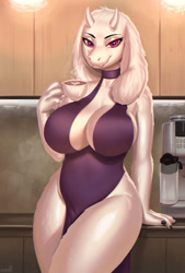 Size: 864x1280 | Tagged: safe, artist:sukiskuki, toriel (undertale), bovid, goat, mammal, anthro, undertale, 2022, absolute cleavage, bedroom eyes, big breasts, boob window, breasts, cleavage, clothes, coffee, coffee mug, digital art, dress, drink, ears, eyelashes, female, fur, horns, indoors, kitchen, looking at you, mature, mature female, pink eyes, pose, purple dress, side slit, solo, solo female, steam, tail, thighs, white body, white fur, wide hips