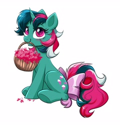 Size: 3366x3517 | Tagged: safe, artist:confetticakez, fizzy (mlp), equine, fictional species, mammal, pony, unicorn, feral, friendship is magic, hasbro, my little pony, my little pony (g1), 2022, 2d, blushing, bow, cute, eyelashes, female, horn, mare, simple background, sitting, smiling, solo, solo female, style emulation, tail, tail bow, white background