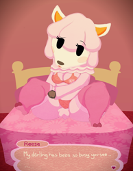 Size: 560x720 | Tagged: suggestive, artist:herro, reese (animal crossing), alpaca, mammal, anthro, animal crossing, nintendo, bra, breasts, cleavage, clothes, dialogue, dot eyes, eyebrows, female, imminent sex, infidelity, legwear, looking at you, panties, raised eyebrow, solo, solo female, spread legs, stockings, tail, talking, underwear